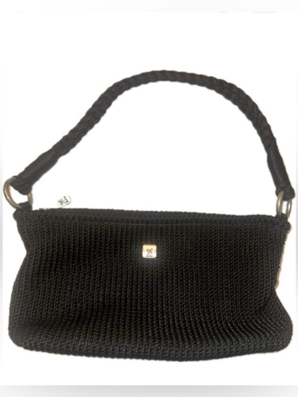 Lina Crochet Woven Knit Shoulder Bag Purse Handbag with Braided Handle in black
